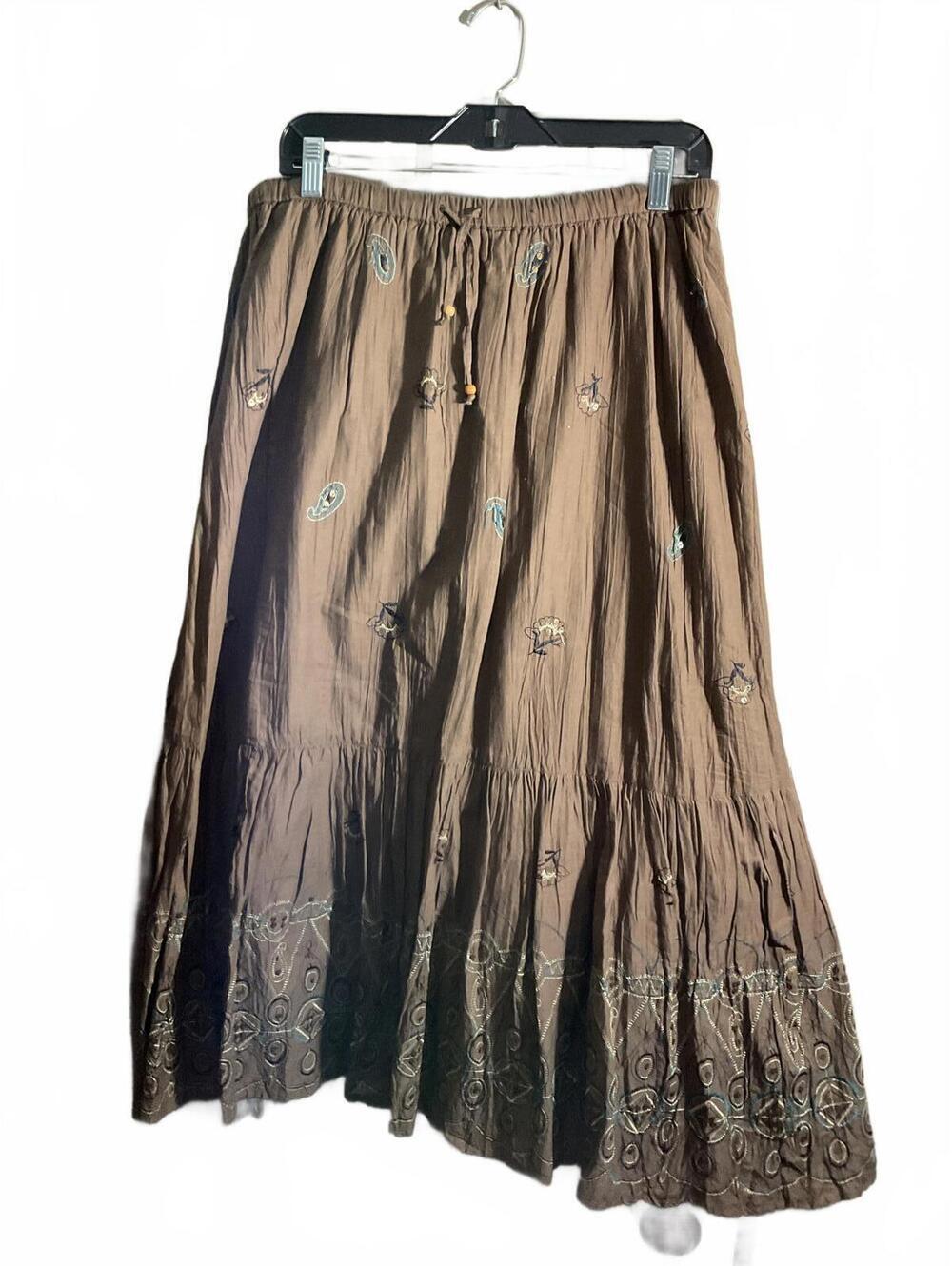 Kate Hill Brown Bohemian Embroidered Midi Full Skirt Large